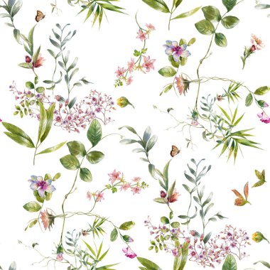 Yaprak ve çiçeklerin suluboya resmi, beyaz arkaplanda pürüzsüz desen