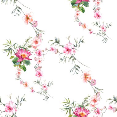 Yaprak ve çiçeklerin suluboya resmi, beyaz arkaplanda pürüzsüz desen