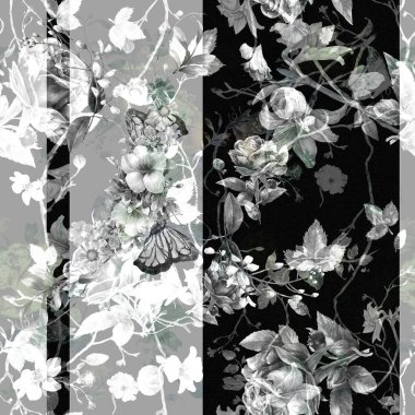 Yaprak ve çiçeklerin suluboya resmi, koyu arkaplanda pürüzsüz desen