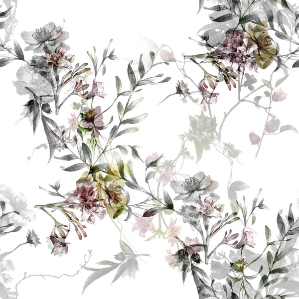 Aquarela Pintura Folha Flores Padrão Sem Costura Fundo Branco — Fotografia de Stock