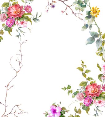 Beyaz arkaplanda yaprakların ve çiçeklerin suluboya resmi 