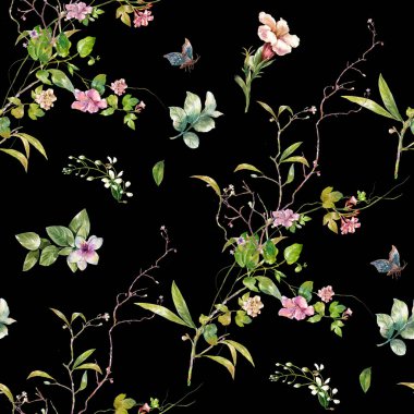 Yaprak ve çiçeklerin suluboya resmi, koyu arkaplanda pürüzsüz desen