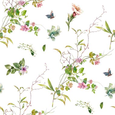 Yaprak ve çiçeklerin suluboya resmi, beyaz arkaplanda pürüzsüz desen