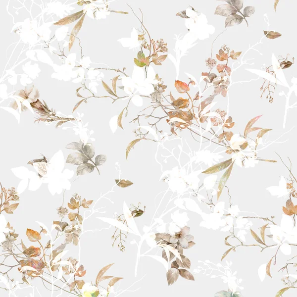 葉や花の水彩画 白地のシームレスなパターン — ストック写真