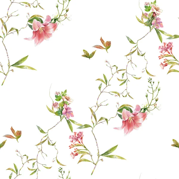 Yaprak ve çiçeklerin suluboya resmi, beyaz arkaplanda pürüzsüz desen