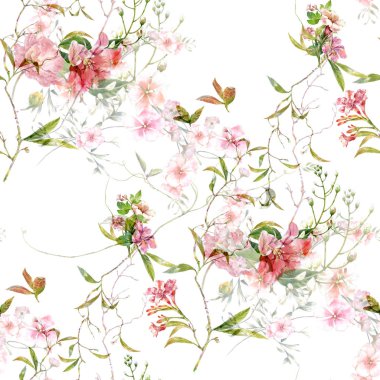 Yaprak ve çiçeklerin suluboya resmi, beyaz arkaplanda pürüzsüz desen