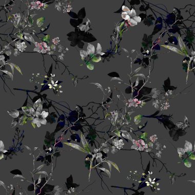 Yaprak ve çiçeklerin suluboya resmi, koyu arkaplanda pürüzsüz desen