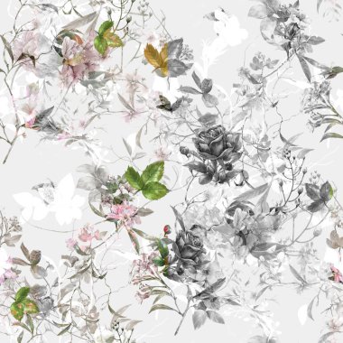 Yaprak ve çiçeklerin suluboya resmi, beyaz arkaplanda pürüzsüz desen