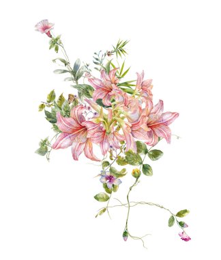 Beyaz arkaplanda yaprakların ve çiçeklerin suluboya resmi 