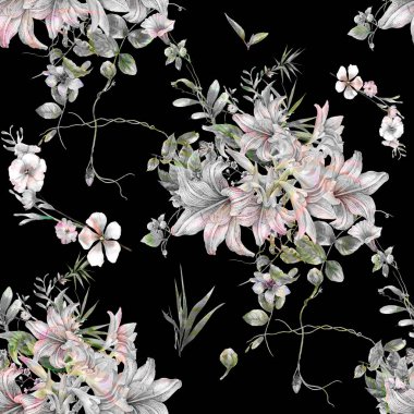 Yaprak ve çiçeklerin suluboya resmi, koyu arkaplanda pürüzsüz desen