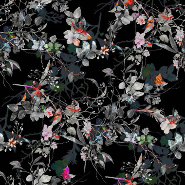 Yaprak ve çiçeklerin suluboya resmi, koyu arkaplanda pürüzsüz desen