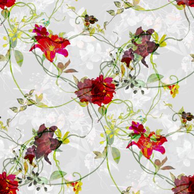 Yaprak ve çiçeklerin suluboya resmi, beyaz arkaplanda pürüzsüz desen