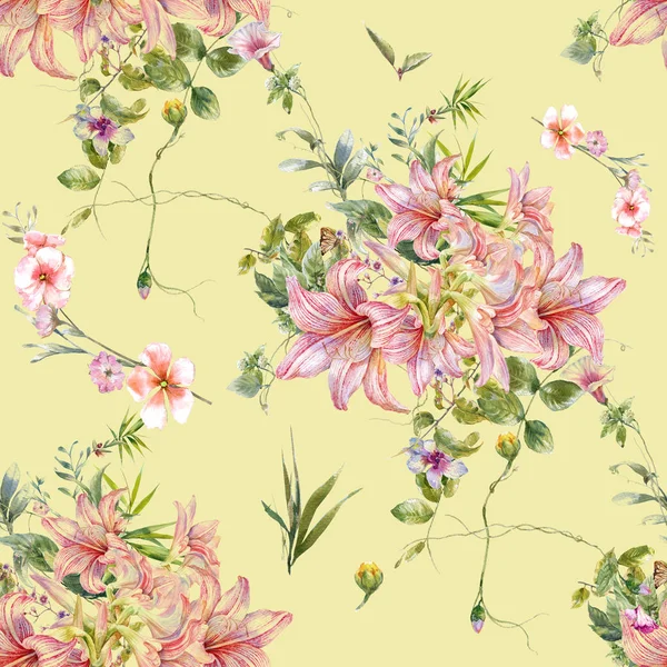 Yaprak ve çiçeklerin suluboya resmi, kusursuz desen