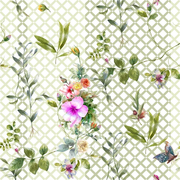 Watercolor Painting Leaf Flowers Seamless Pattern White Background — Stock Photo, Image