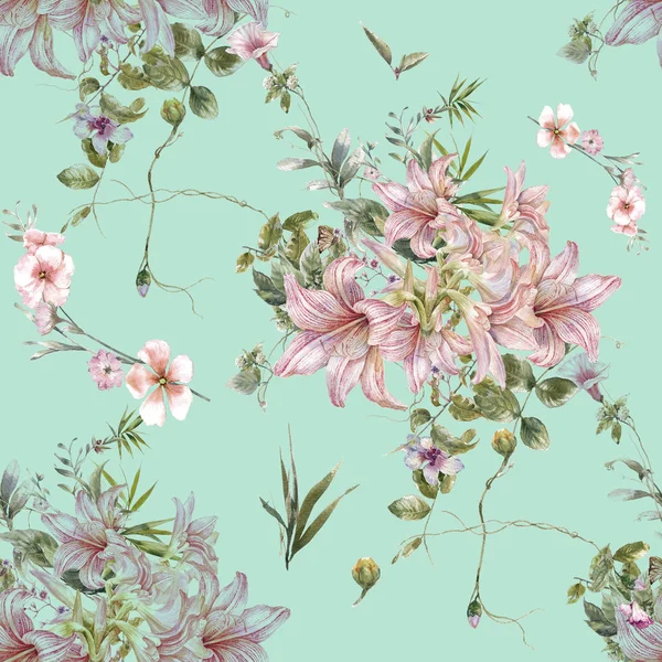 Suluboya resim mavi zemin üzerine Dikişsiz desen yaprak ve çiçek,