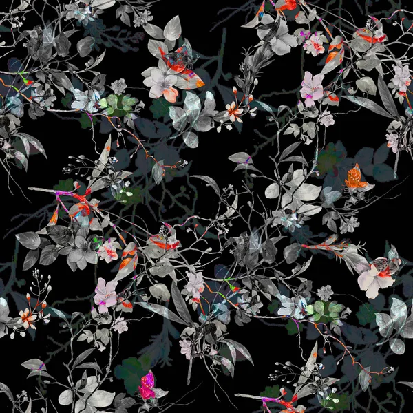 Yaprak ve çiçeklerin suluboya resmi, koyu arkaplanda pürüzsüz desen