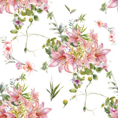 Yaprak ve çiçeklerin suluboya resmi, beyaz arkaplanda pürüzsüz desen