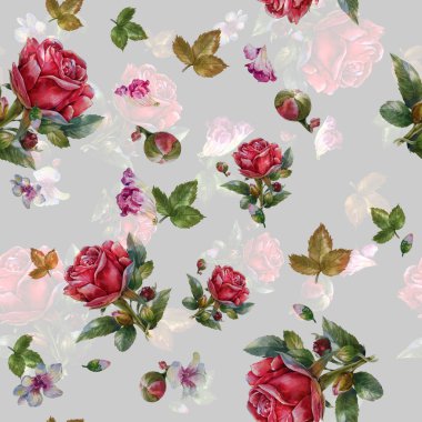 Suluboya resim Dikişsiz desen gri arka plan üzerinde yaprak ve çiçek,