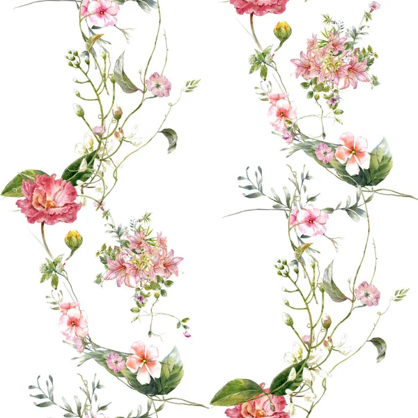 Akwarela Malowanie Liści Kwiatów Bezszwowy Wzór Białym Tle — Zdjęcie stockowe