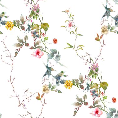 Yaprak ve çiçeklerin suluboya resmi, beyaz arkaplanda pürüzsüz desen