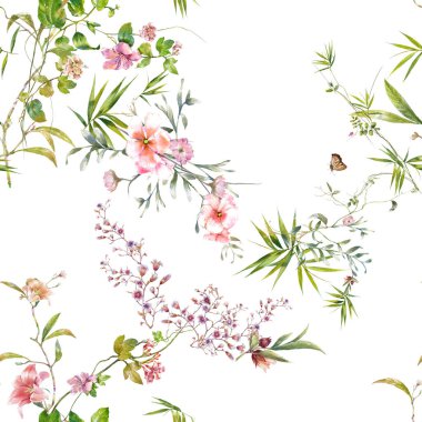 Yaprak ve çiçeklerin suluboya resmi, beyaz arkaplanda pürüzsüz desen