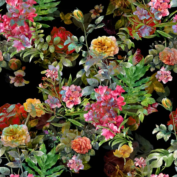 葉や花の水彩画 暗い背景のシームレスなパターン — ストック写真