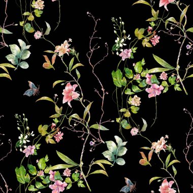 Yaprak ve çiçeklerin suluboya resmi, koyu arkaplanda pürüzsüz desen