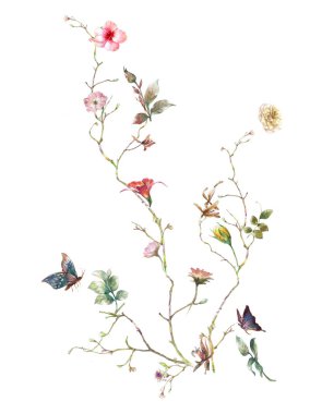 Beyaz arkaplanda yaprakların ve çiçeklerin suluboya resmi 