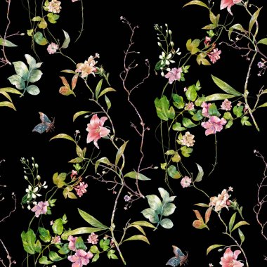 Yaprak ve çiçeklerin suluboya resmi, koyu arkaplanda pürüzsüz desen