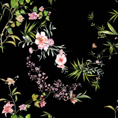 Yaprak ve çiçeklerin suluboya resmi, koyu arkaplanda pürüzsüz desen