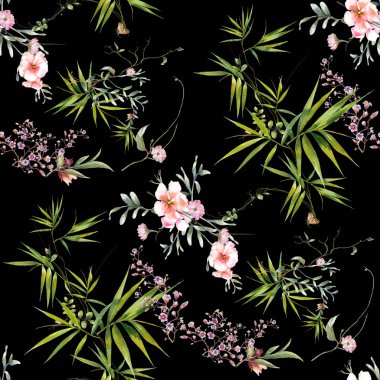 Yaprak ve çiçeklerin suluboya resmi, koyu arkaplanda pürüzsüz desen