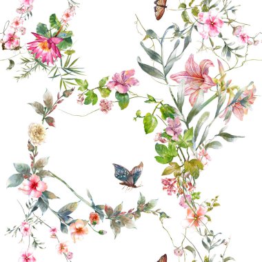 Yaprak ve çiçeklerin suluboya resmi, beyaz arkaplanda pürüzsüz desen