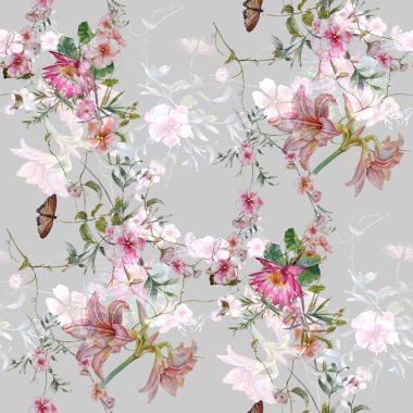 Suluboya resim Dikişsiz desen gri arka plan üzerinde yaprak ve çiçek,
