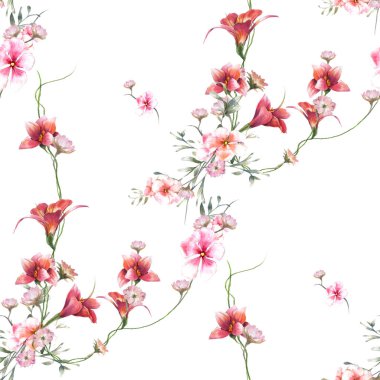 Yaprak ve çiçeklerin suluboya resmi, beyaz arkaplanda pürüzsüz desen