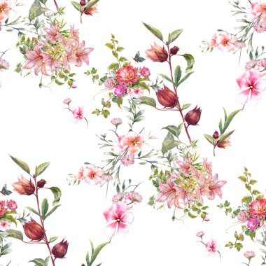 Yaprak ve çiçeklerin suluboya resmi, beyaz arkaplanda pürüzsüz desen