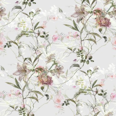 Yaprak ve çiçeklerin suluboya resmi, beyaz arkaplanda pürüzsüz desen