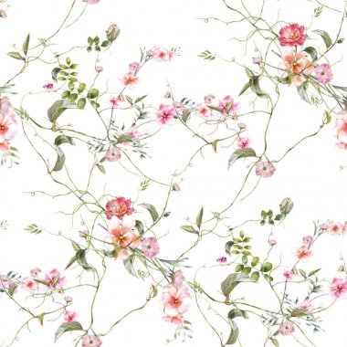 Yaprak ve çiçeklerin suluboya resmi, beyaz arkaplanda pürüzsüz desen