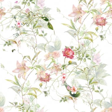 Yaprak ve çiçeklerin suluboya resmi, beyaz arkaplanda pürüzsüz desen