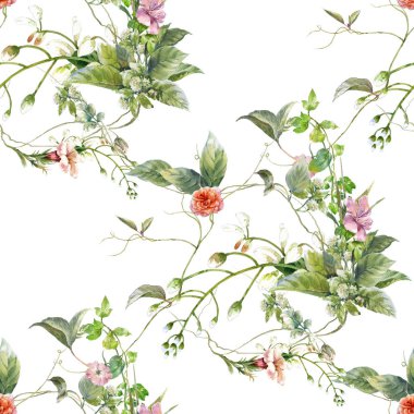 Yaprak ve çiçeklerin suluboya resmi, beyaz arkaplanda pürüzsüz desen