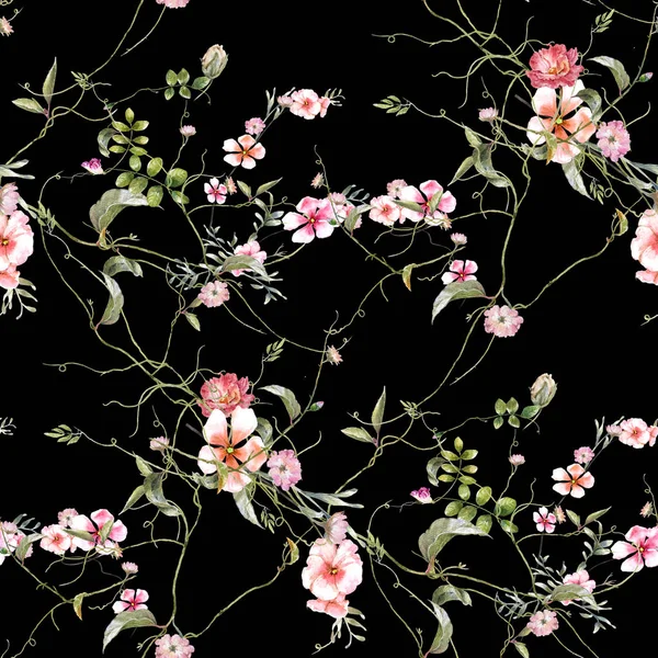 Akvarell Målning Blad Och Blommor Sömlös Mönster Mörk Bakgrund — Stockfoto