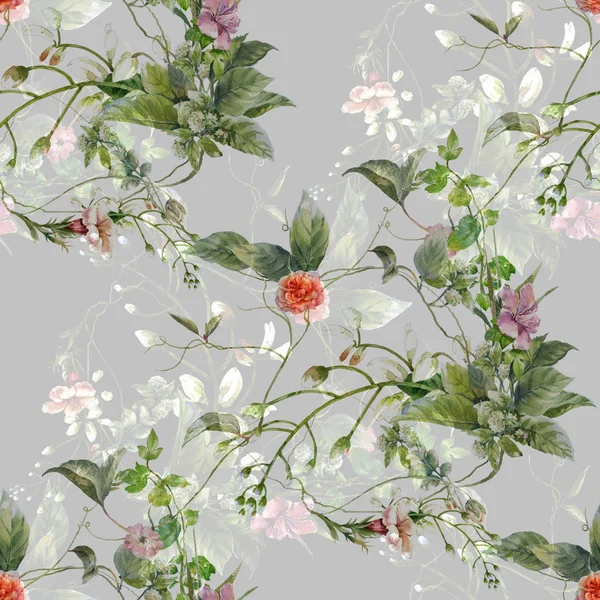 Akvarell Målning Blad Och Blommor Sömlösa Mönster Grå Bakgrund — Stockfoto