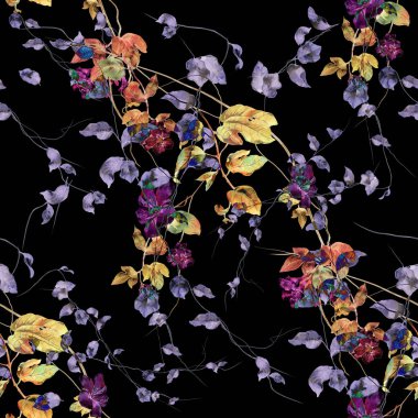 Yaprak ve çiçeklerin suluboya resmi, koyu arkaplanda pürüzsüz desen