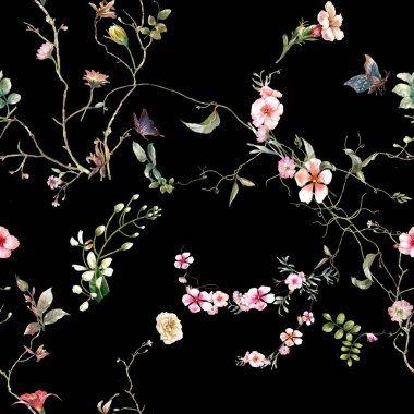 Yaprak ve çiçeklerin suluboya resmi, koyu arkaplanda pürüzsüz desen