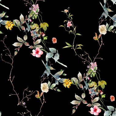 Yaprak ve çiçeklerin suluboya resmi, koyu arkaplanda pürüzsüz desen