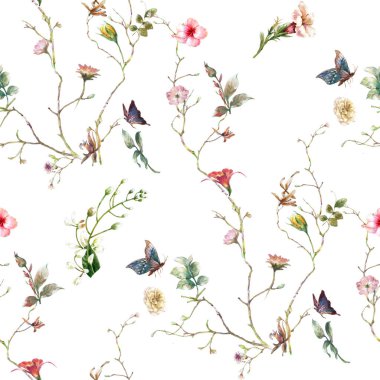 Yaprak ve çiçeklerin suluboya resmi, beyaz arkaplanda pürüzsüz desen