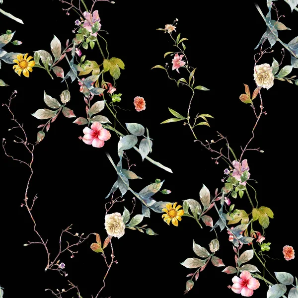 Yaprak ve çiçeklerin suluboya resmi, koyu arkaplanda pürüzsüz desen