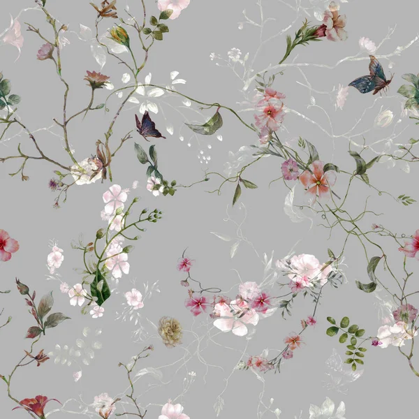 Suluboya resim Dikişsiz desen gri arka plan üzerinde yaprak ve çiçek,
