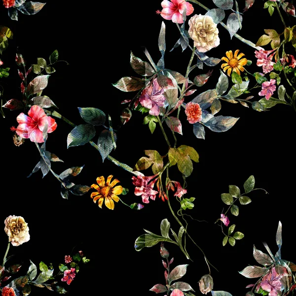 Υδατογραφία Των Φύλλων Και Των Λουλουδιών Αδιάλειπτη Μοτίβο Σκούρο Φόντο — Φωτογραφία Αρχείου
