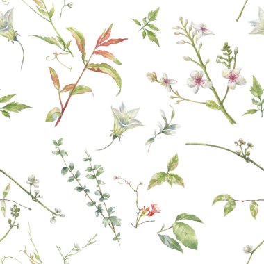 Yaprak ve çiçeklerin suluboya resmi, beyaz arkaplanda pürüzsüz desen