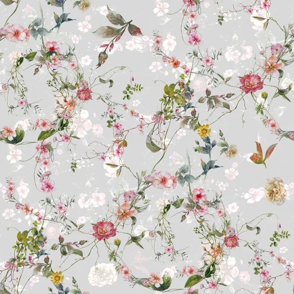 Suluboya resim Dikişsiz desen gri arka plan üzerinde yaprak ve çiçek,